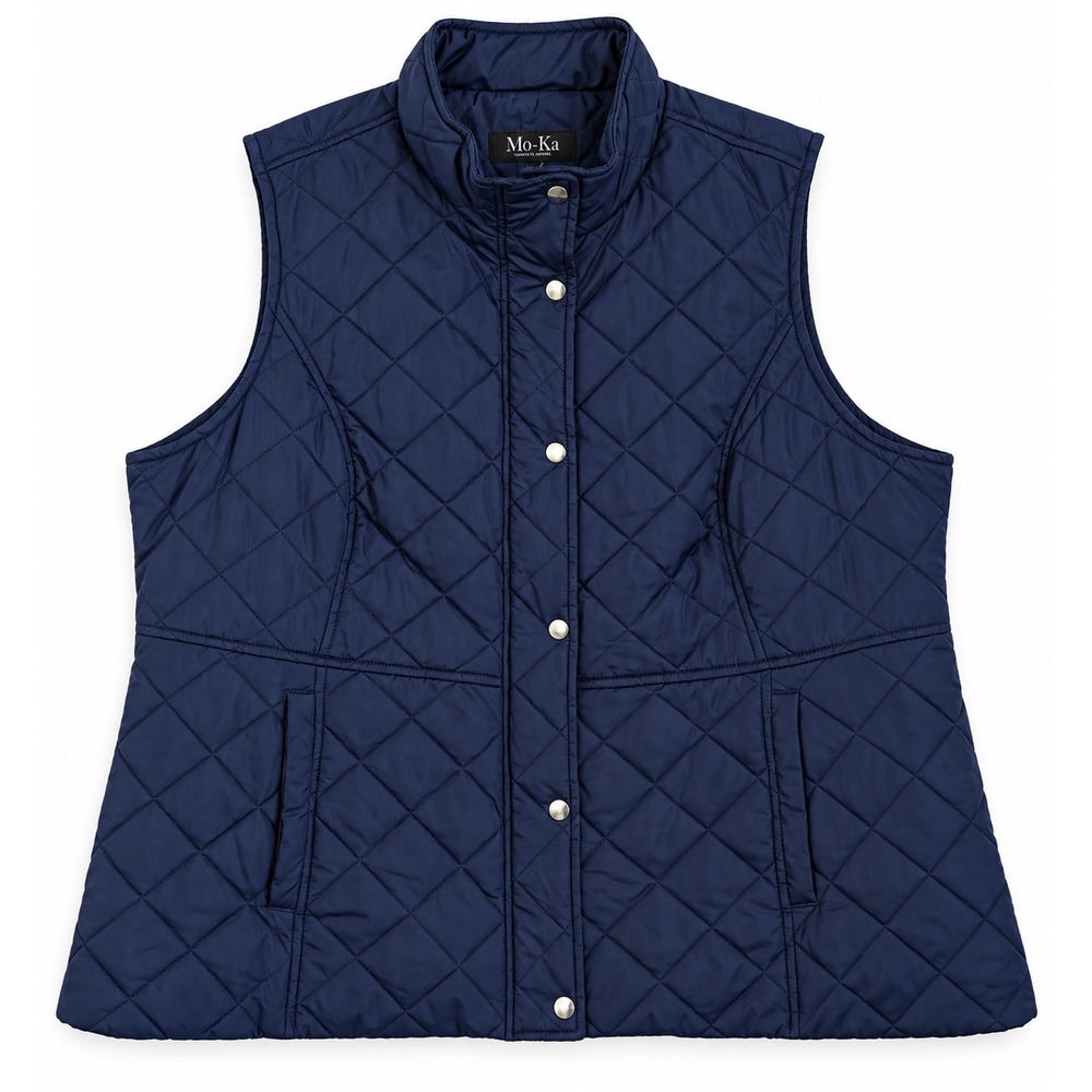 Mo-Ka Quilted Vest Size Large Navy Blue Snap Button Stand Collar Pockets